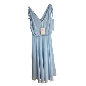 New GAL MEETS GLAM Womens Clip Dot V-Neck Summer Dress Size 4 Blue Midi Chiffon